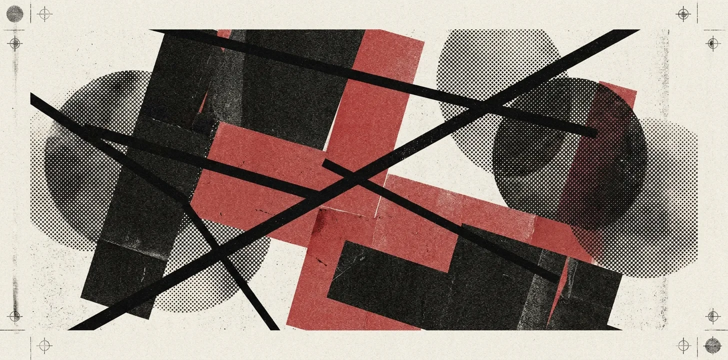 Angular constructivist collage in red and black