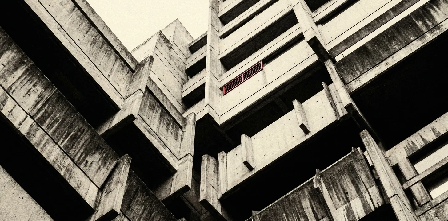 Brutalist concrete façade shot from below