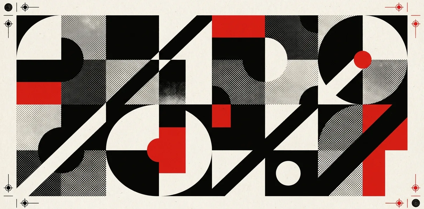 Constructivist geometric field in black, bone and signal red