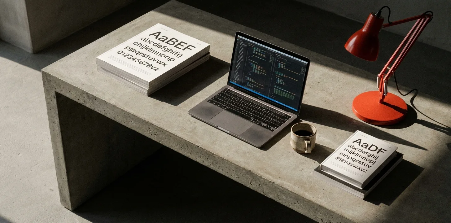 A desk with a laptop, type specimen and lamp